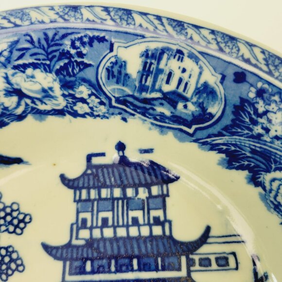 Vintage Blue & White VictorianWare Ironstone Bowl Chinoiserie Pagoda Blue Willow - Picture 12 of 15